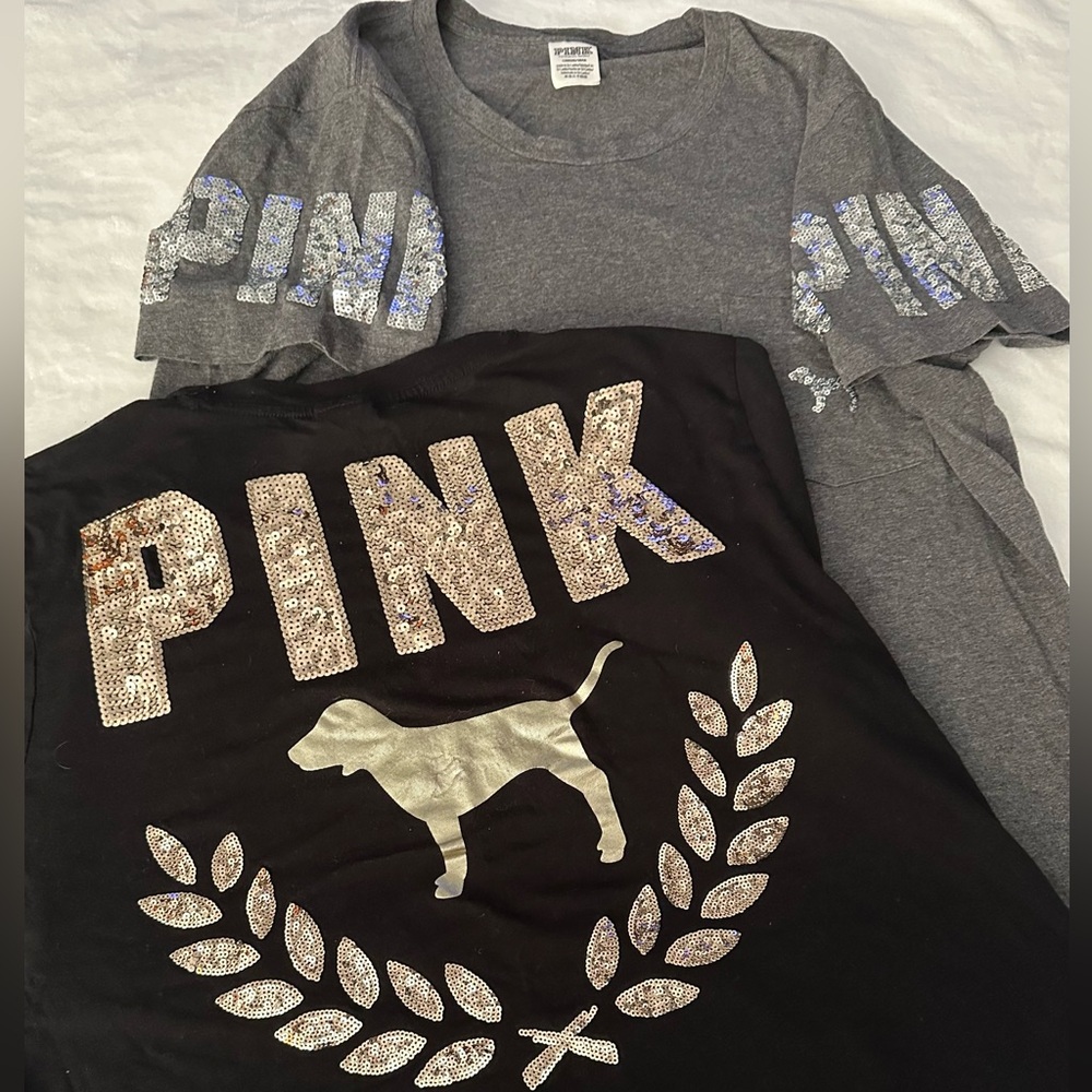 Lot of 2 Women PINK by Victoria's Secret Gray & Black Bling Tee Shirt Size Large